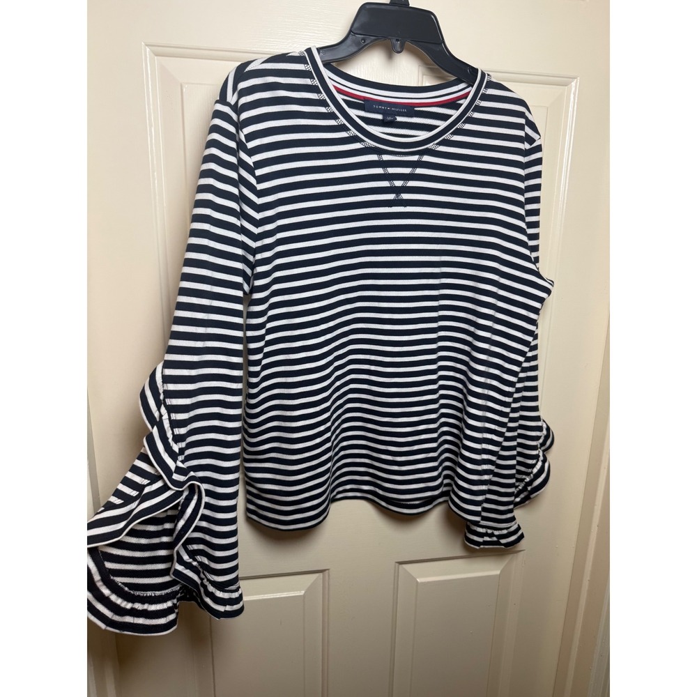 Tommy Hilfiger Navy White Striped Ruffle Bell Sleeve Top